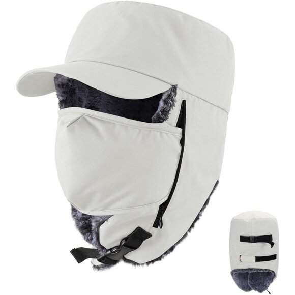 Unisex Beige Warm Faux Fur Winter Cap with Ear Flaps Windproof Waterproof Snow - Picture 1 of 7